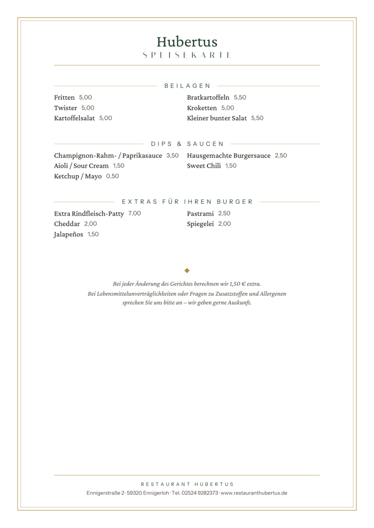 Speisekarte Restaurant Hubertus Ennigerloh – Beilagen, Dips und Extras